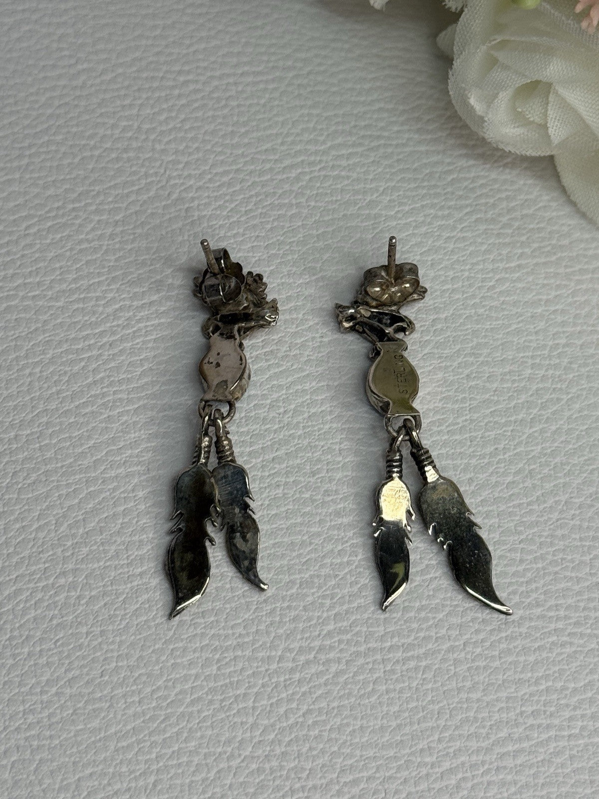 Navajo Flying Eagle 925 Sterling Silver Turquoise Earrings Length 1.60 Inch