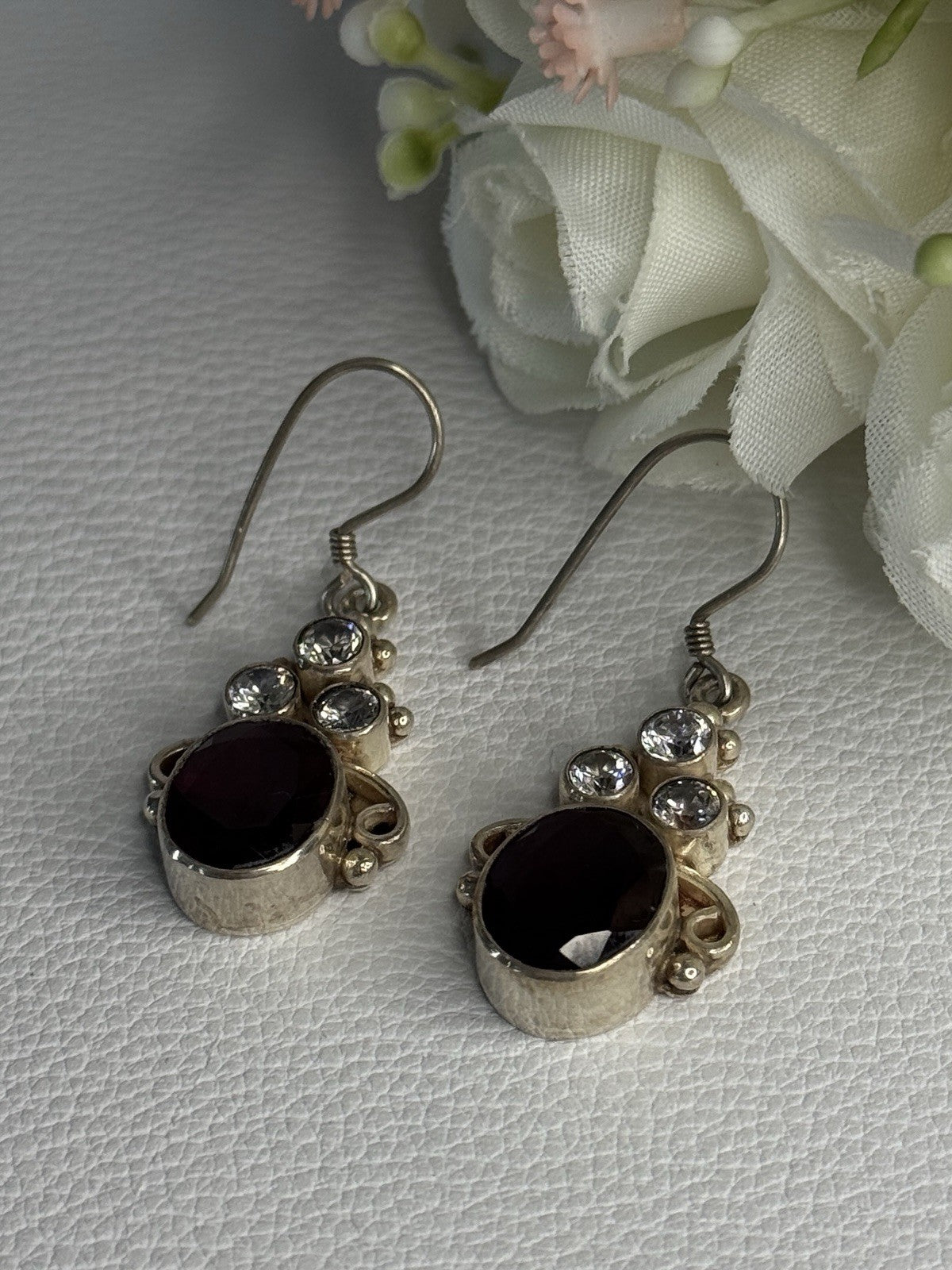 925 Sterling Silver Garnet & CZ Earrings Length 1.70 Inch