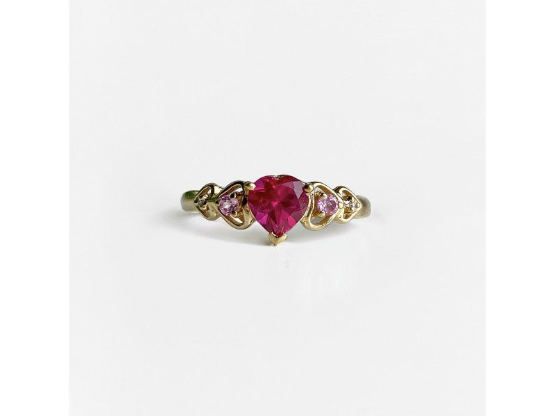 10K Yellow Gold STS Ruby Spinel & Diamond Heart Ring Size 7