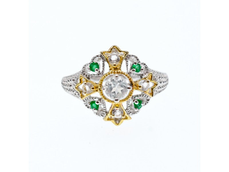 925 Sterling Silver Gold Plated Emerald & Goshenite Ring Size 6.5