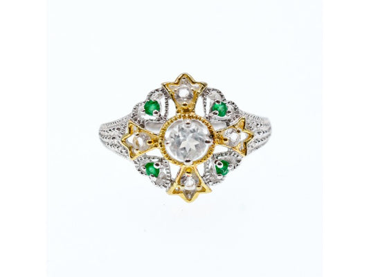 925 Sterling Silver Gold Plated Emerald & Goshenite Ring Size 6.5