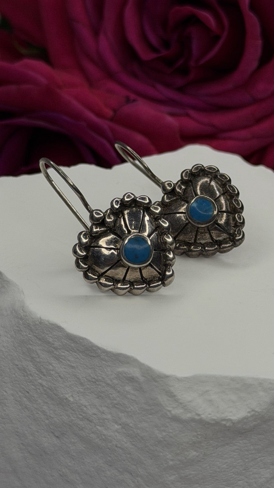 Vintage 925 Sterling Silver Blue Turquoise Heart Earrings