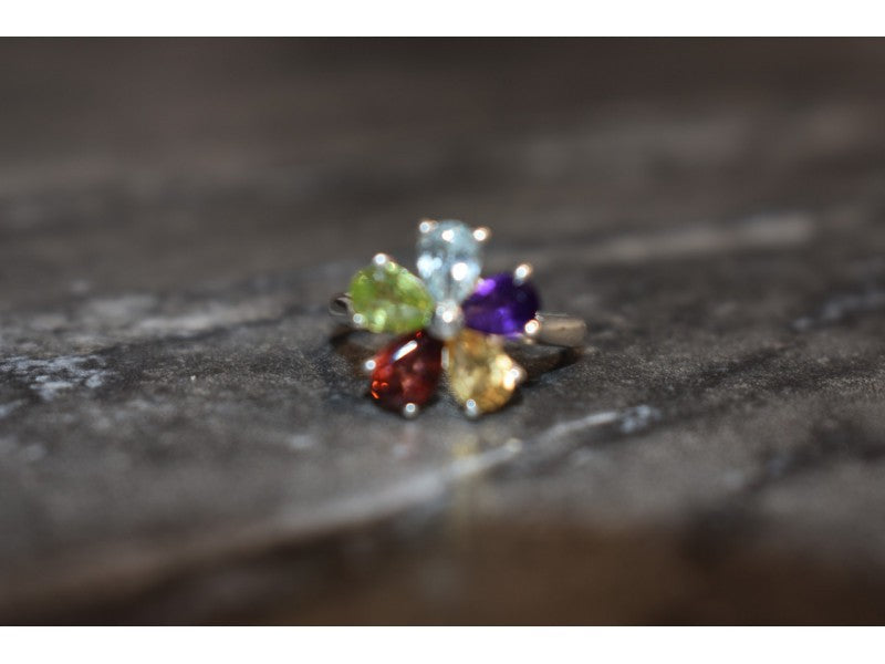 925 Sterling Silver Multi Gemstones "Flower" Ring Size 6.5