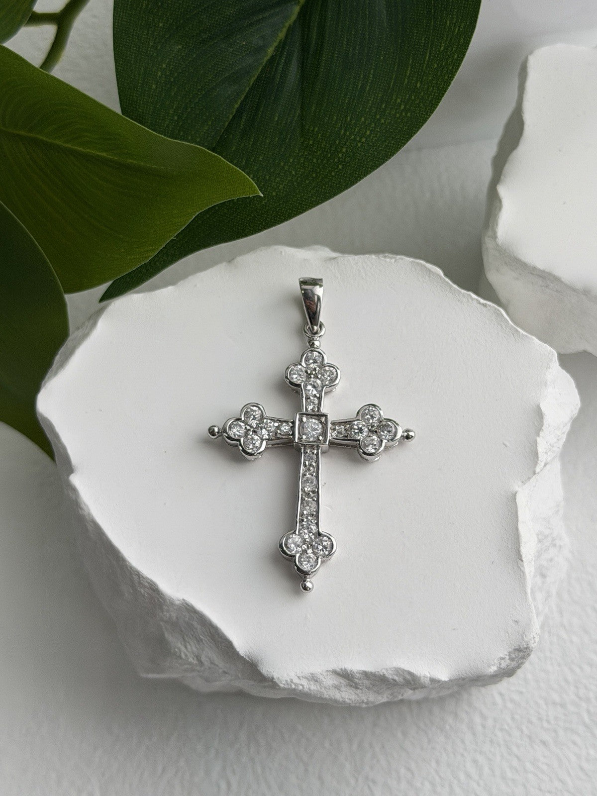 925 Sterling Silver Cz Cross Length 1.9 in