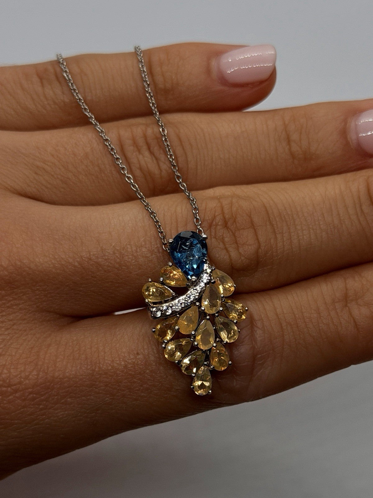 925 Sterling Silver Fire Opal & Blue Topaz & Beryl Necklace