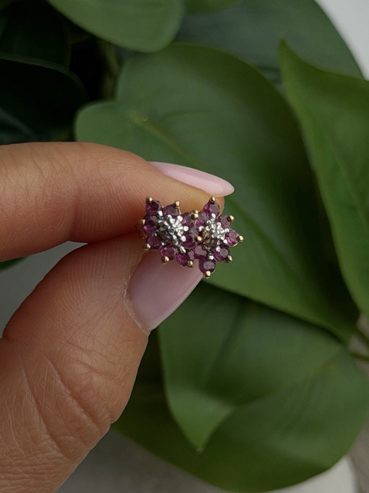 10K Yellow Gold Ruby & Diamond Flower Earrings