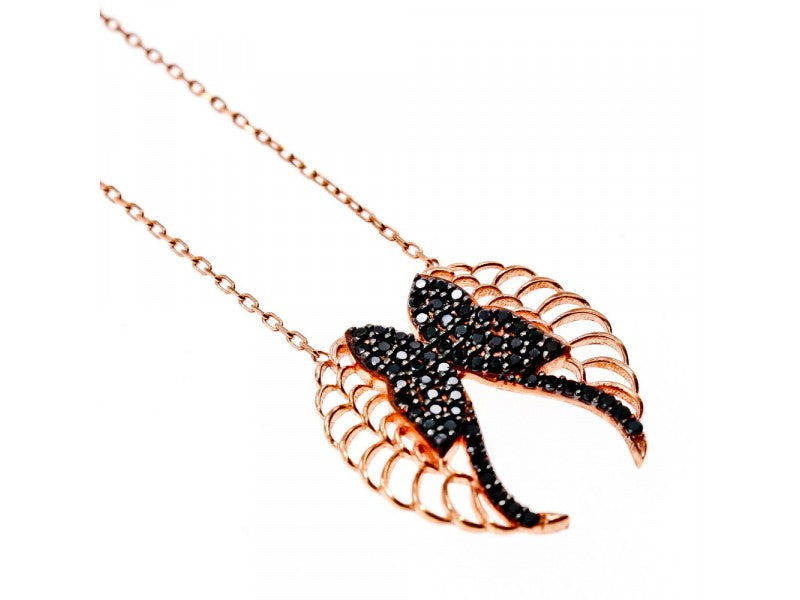 925 Sterling Silver Gold Plated Black CZ "Angel's Wings" Necklace