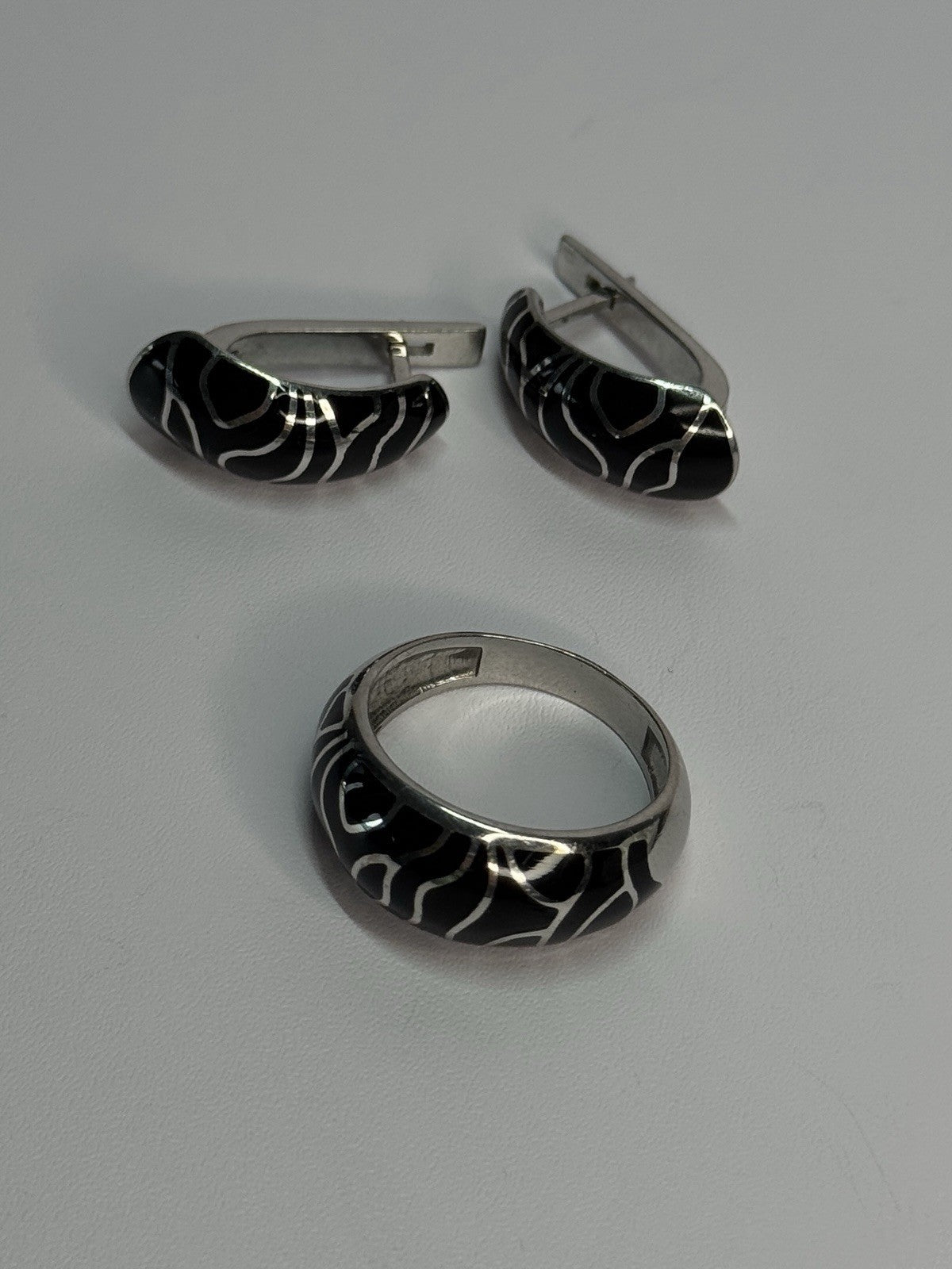925 Sterling Silver Enamel Ring & Earrings Set Size 9