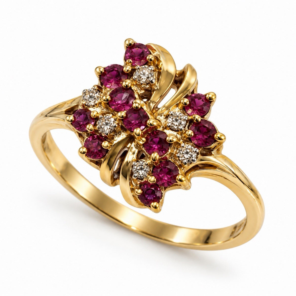 10K Yellow Gold Ruby & Diamond Floral Cocktail Ring Size 6