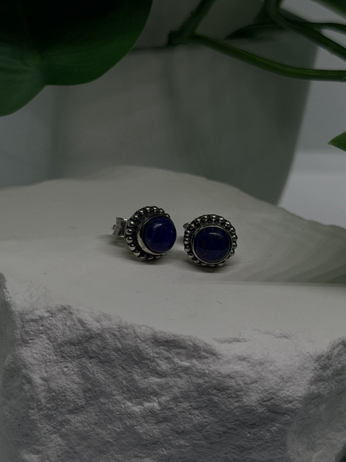 925 Sterling Silver Round Lapis Lazuli Stud Halo Earrings