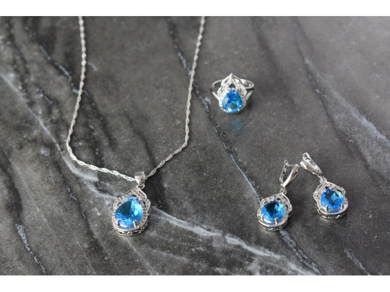 925 Sterling Silver Blue CZ ( Imitation Topaz ) SET