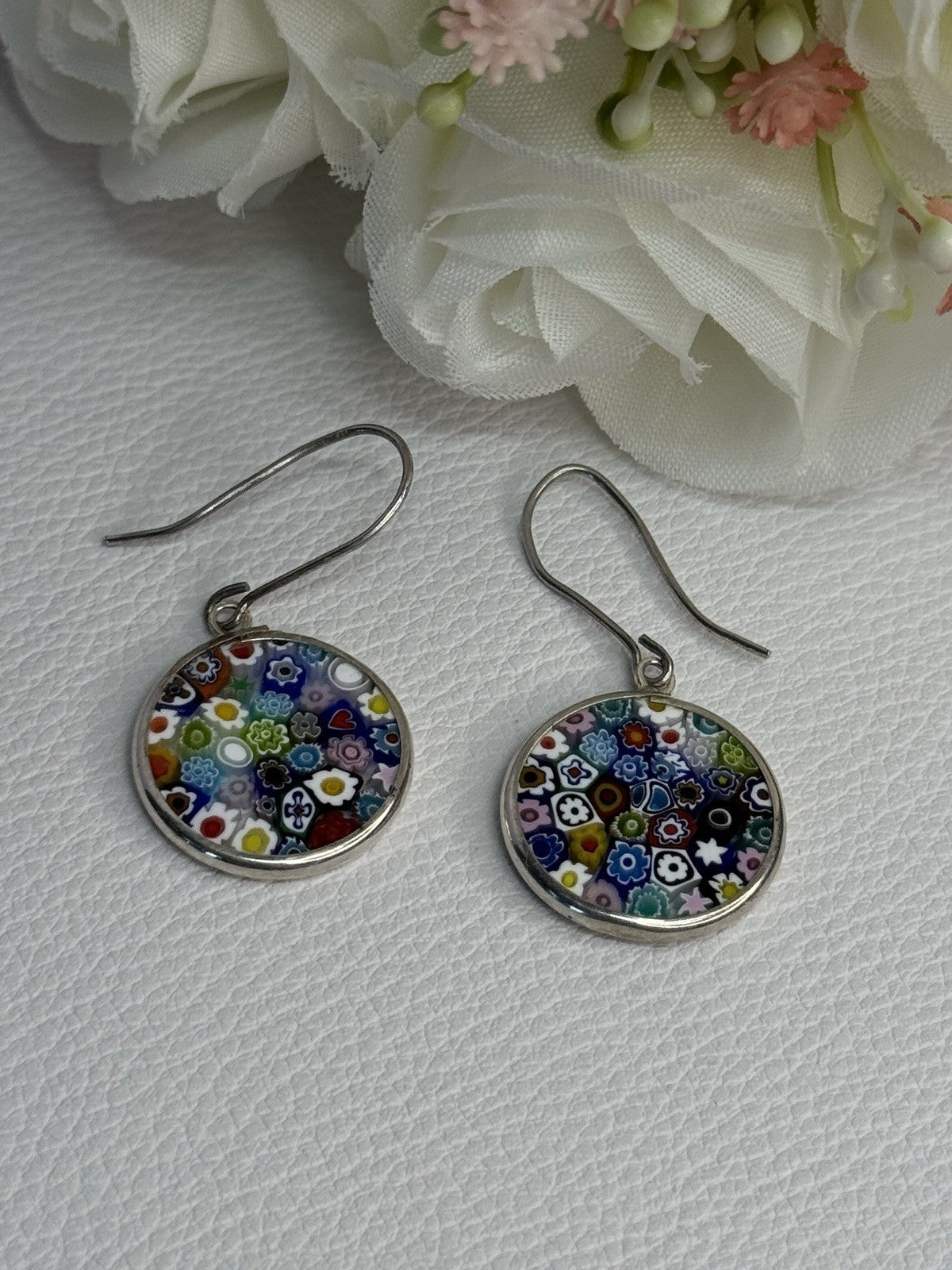 Murano Venice Millefiori 925 Sterling Silver Earrings Length 1.60 Inch