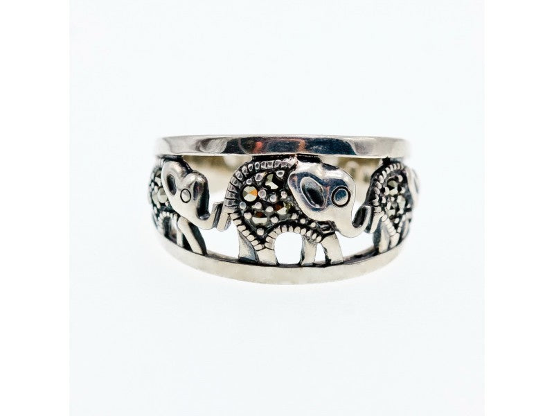 925 Sterling Silver Marcasites "Elephants" Ring Size 9.5