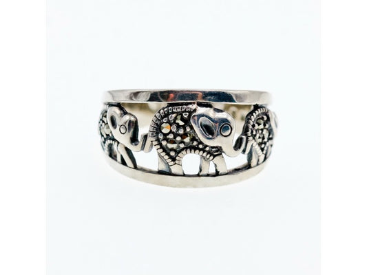 925 Sterling Silver Marcasites "Elephants" Ring Size 9.5