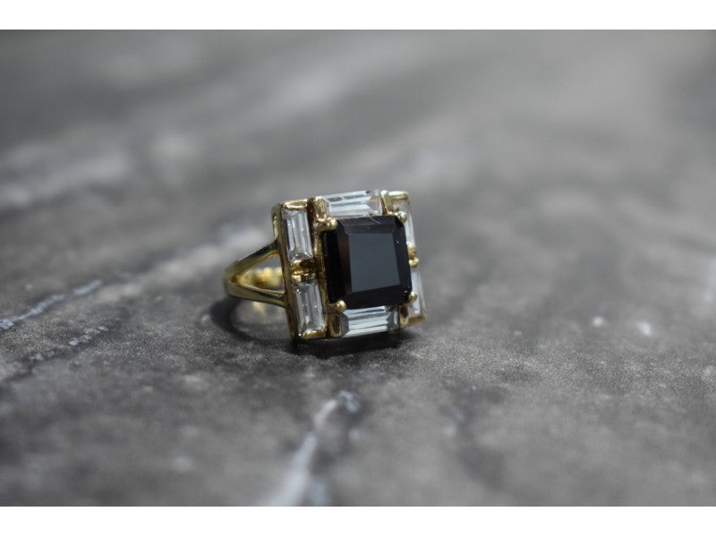 925 Sterling Silver Gold Plated Jewelry Glass & CZ Ring Size 6.5