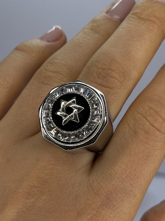 925 Sterling Silver Star of David Onyx & CZ Ring Size 9.5