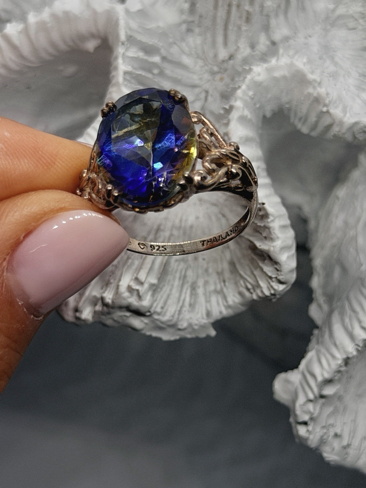 925 Sterling Silver Mystic Topaz Oval Floral Ring Size 8