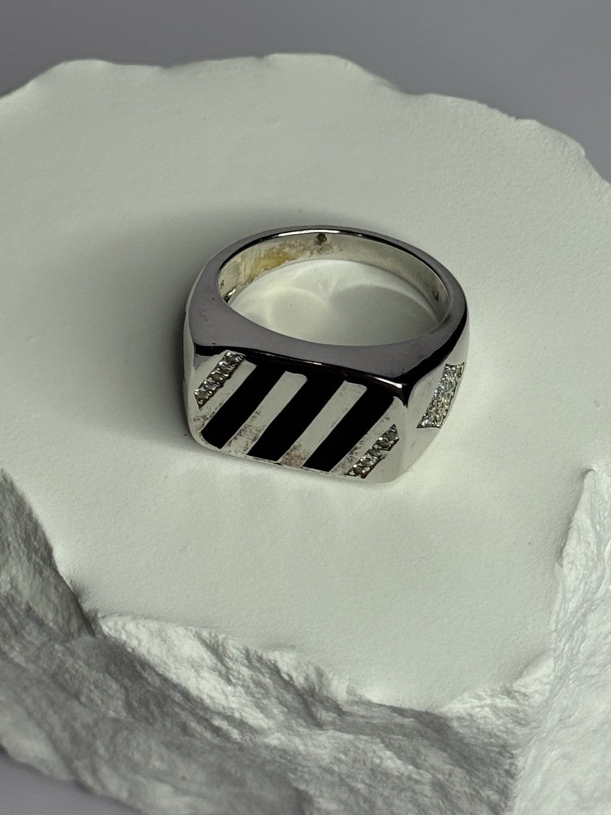 925 Sterling Silver Black Enamel & CZ Men'S Ring Size 11