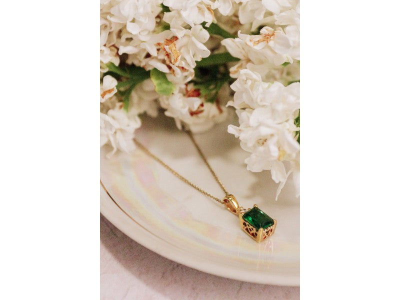 925 Sterling Silver Gold Plated Emerald & Goshenite Chain With Pendant