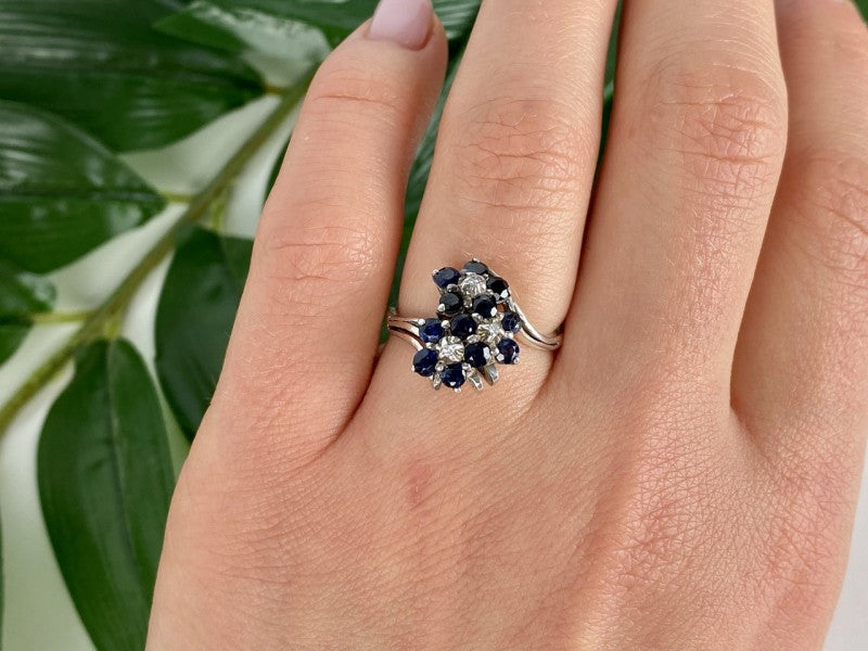 925 Sterling Silver Sapphire & CZ "Flowers" Ring Size 6.75