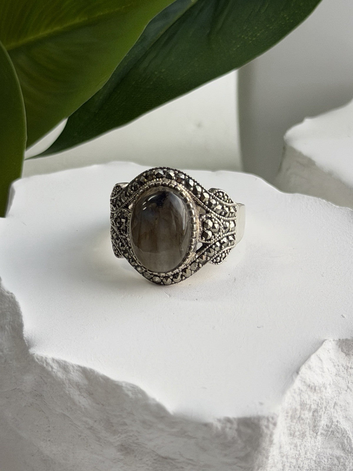 925 Sterling Silver Labradorite & Marcasite Ring Size 10