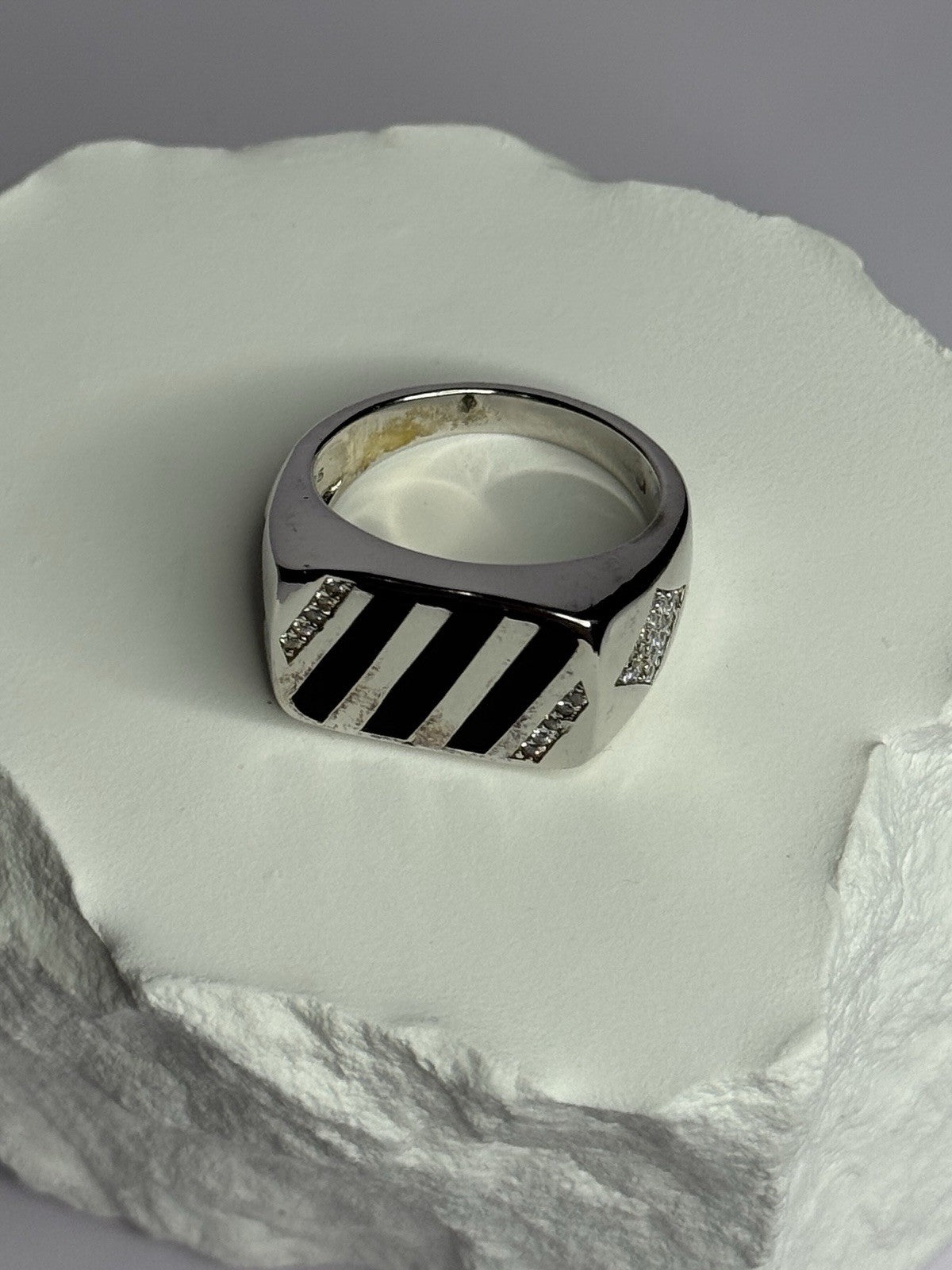 925 Sterling Silver Black Enamel & CZ Men'S Ring Size 11