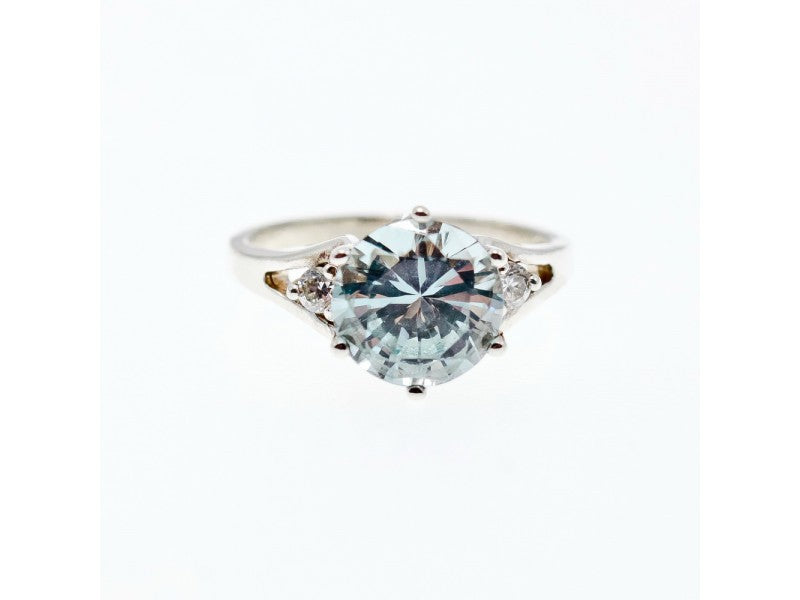 925 Sterling Silver Aquamarine & CZ Ring Size 7