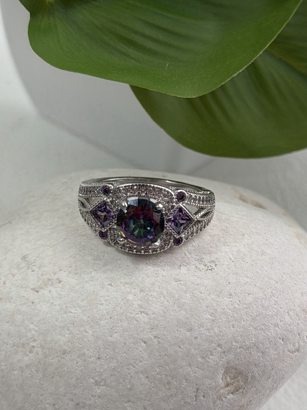 925 Sterling Silver Mystic Topaz & Amethyst & Beryl Ring Size 8
