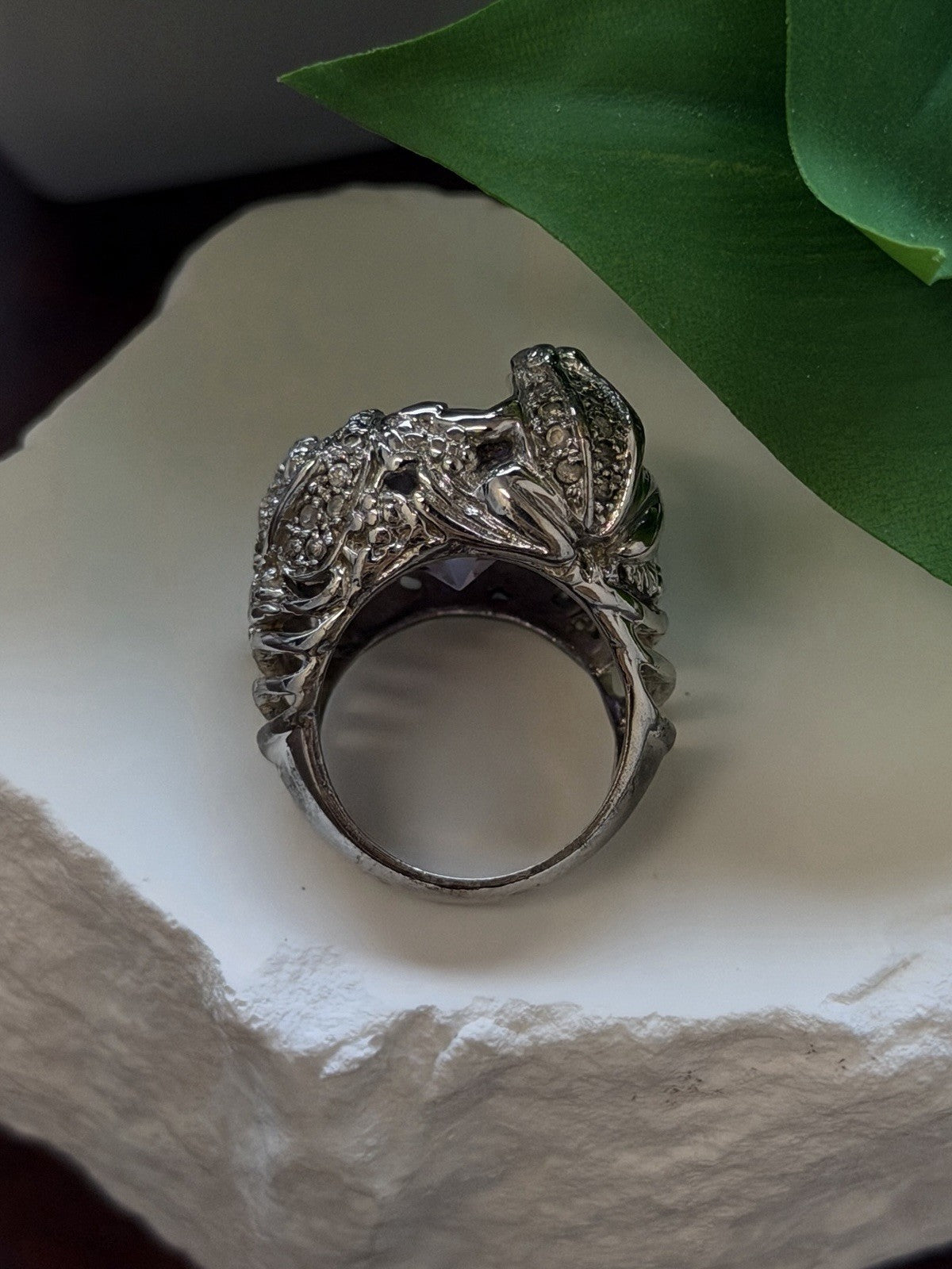925 Sterling Silver Frog Ring Large Purple Amethyst & White Clear Beryl Size 7