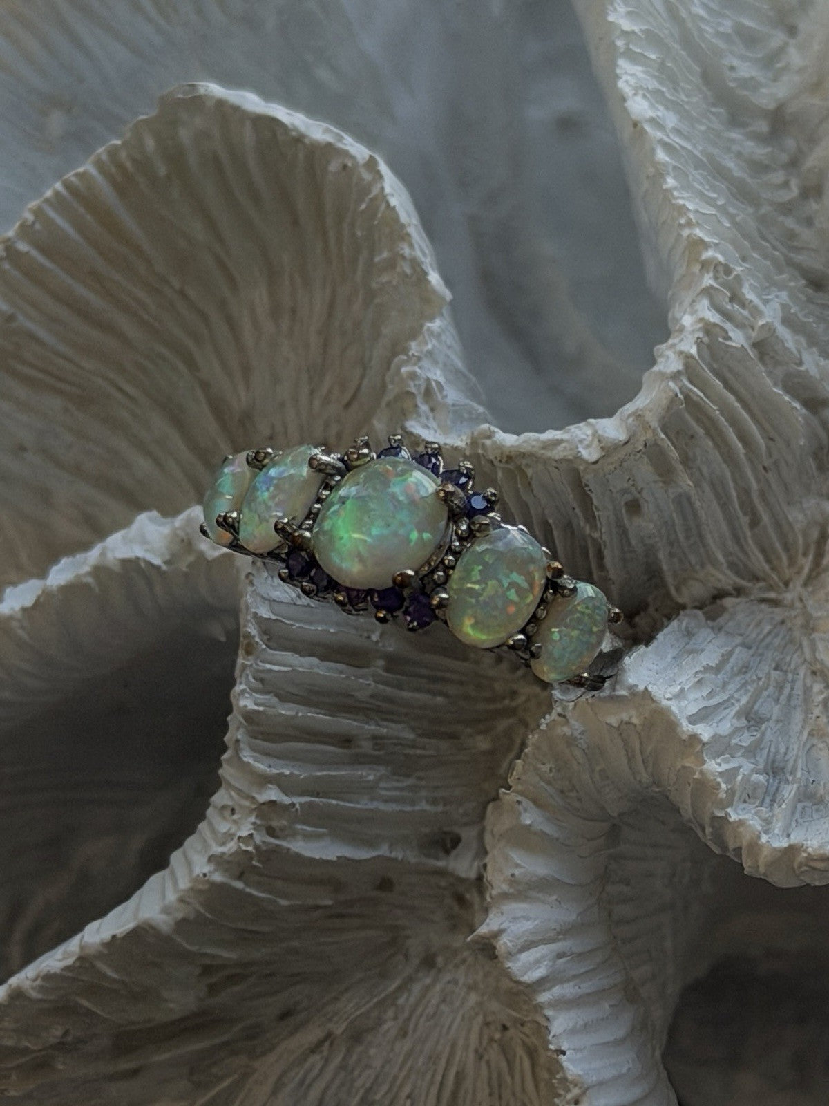 925 Sterling Silver Opal & Amethyst Ring Size 8