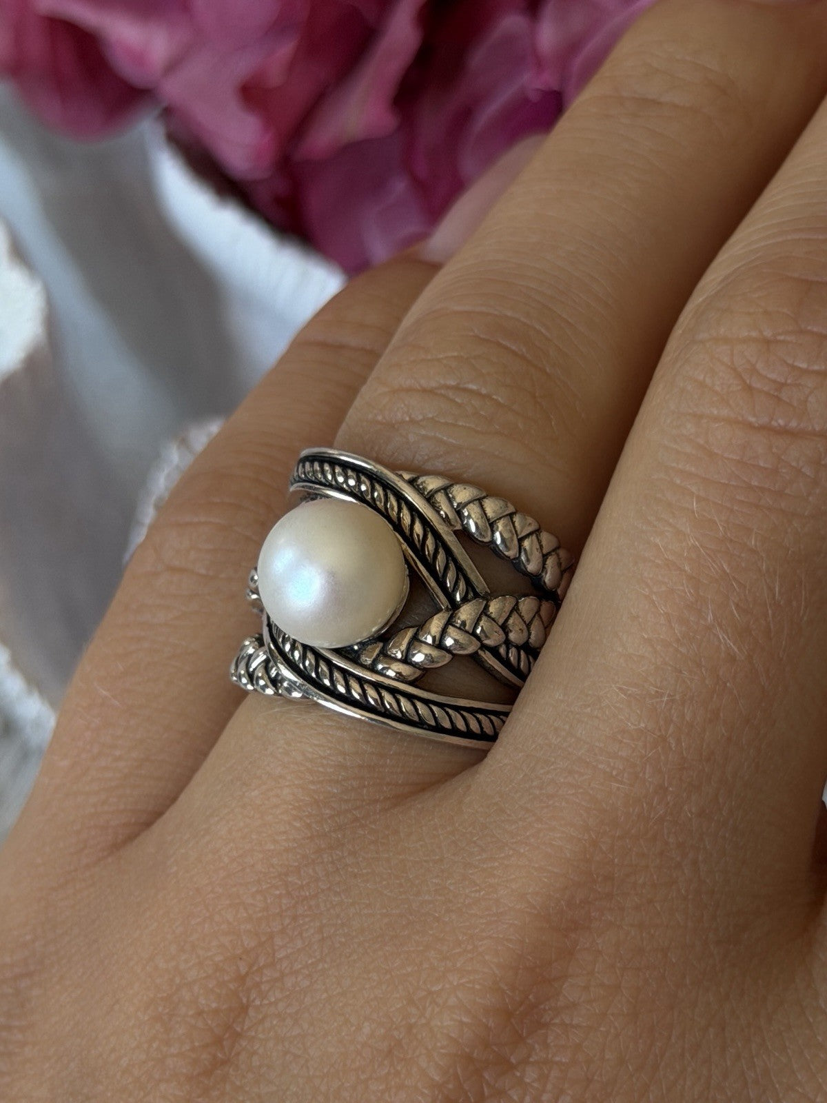 925 Sterling Silver Pearl Ring Size 6