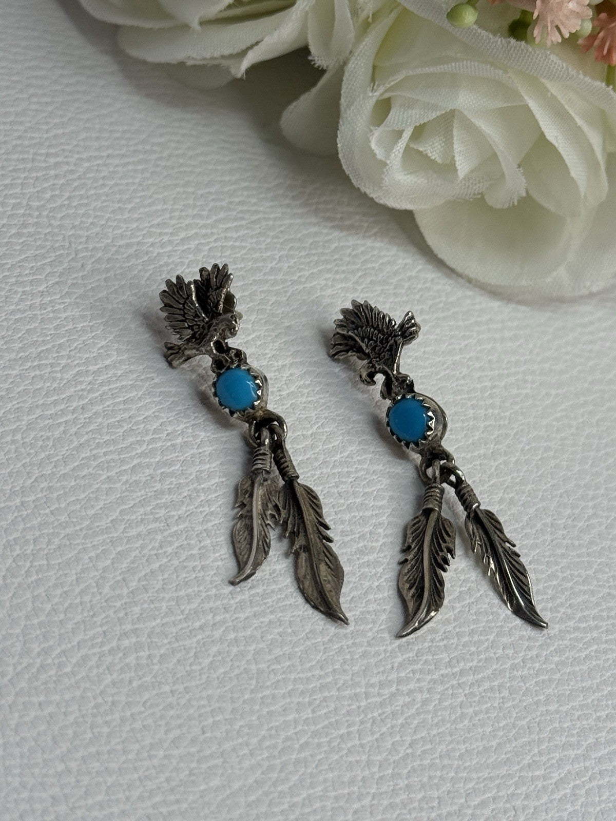 Navajo Flying Eagle 925 Sterling Silver Turquoise Earrings Length 1.60 Inch