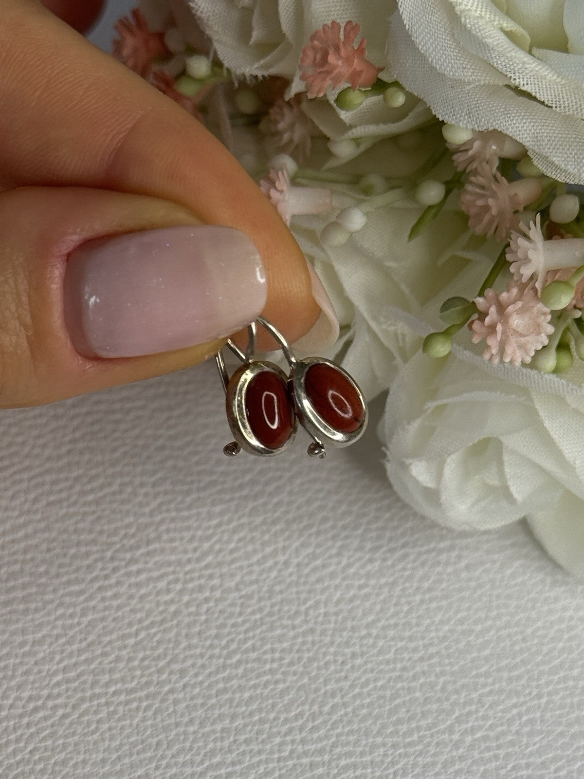 925 Sterling Silver Carnelian Earrings Length 0.70 Inch