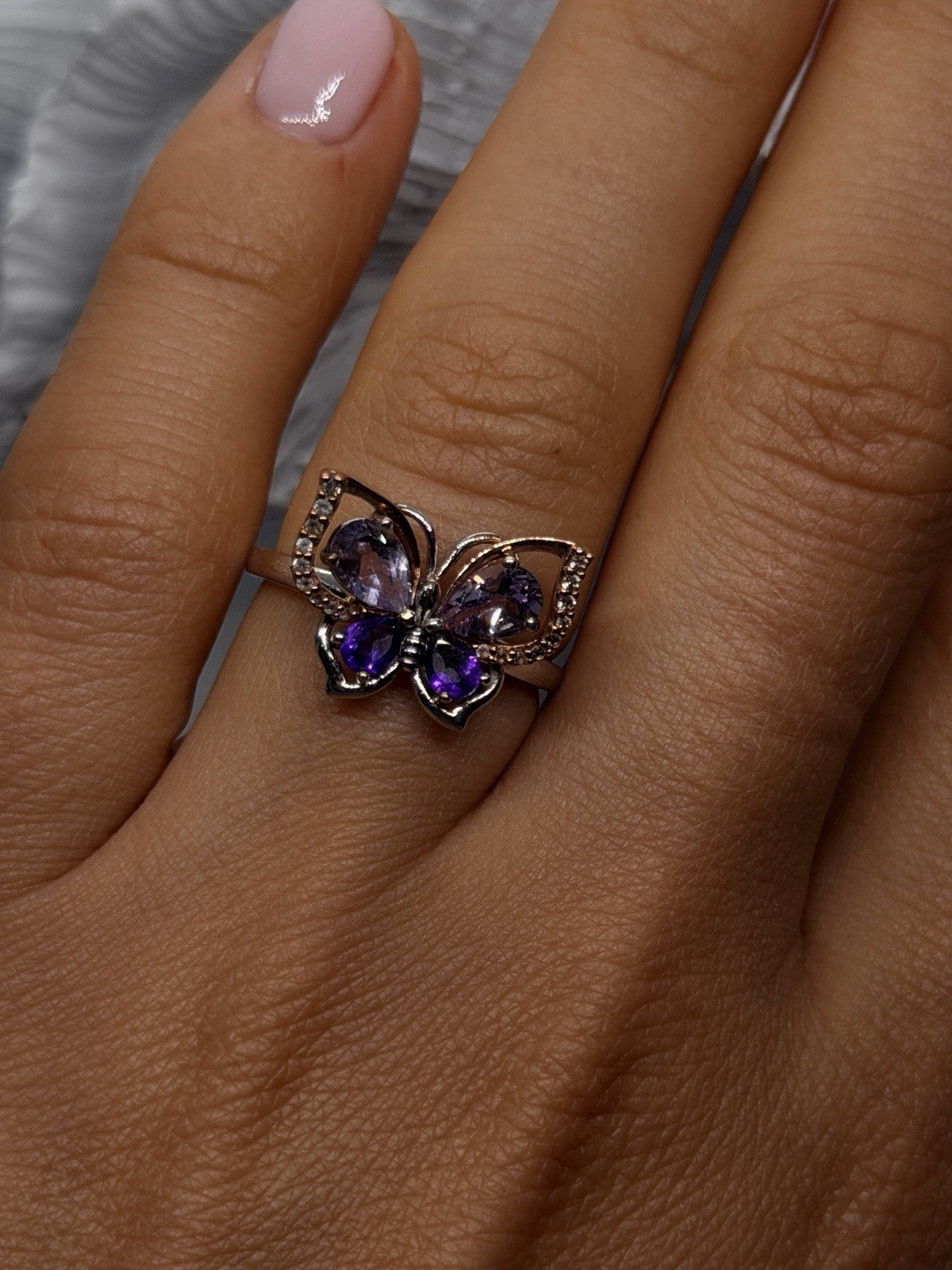 Butterfly 925 Sterling Silver 10K Rose Gold Amethyst  Iolite  Beryl Ring Size 7
