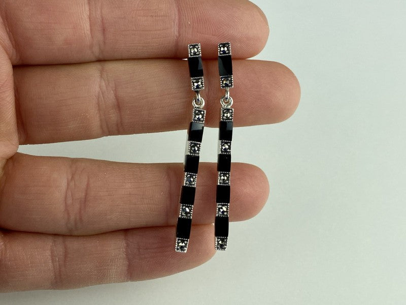 925 Sterling Silver Black Nephrite & Marcasites Earrings