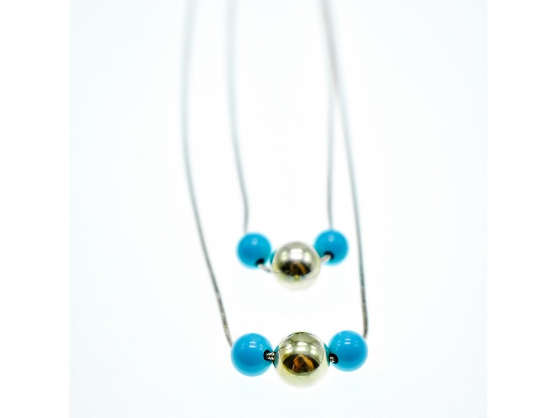 925 Sterling Silver Turquoise Imitation Necklace From two Chains Italy