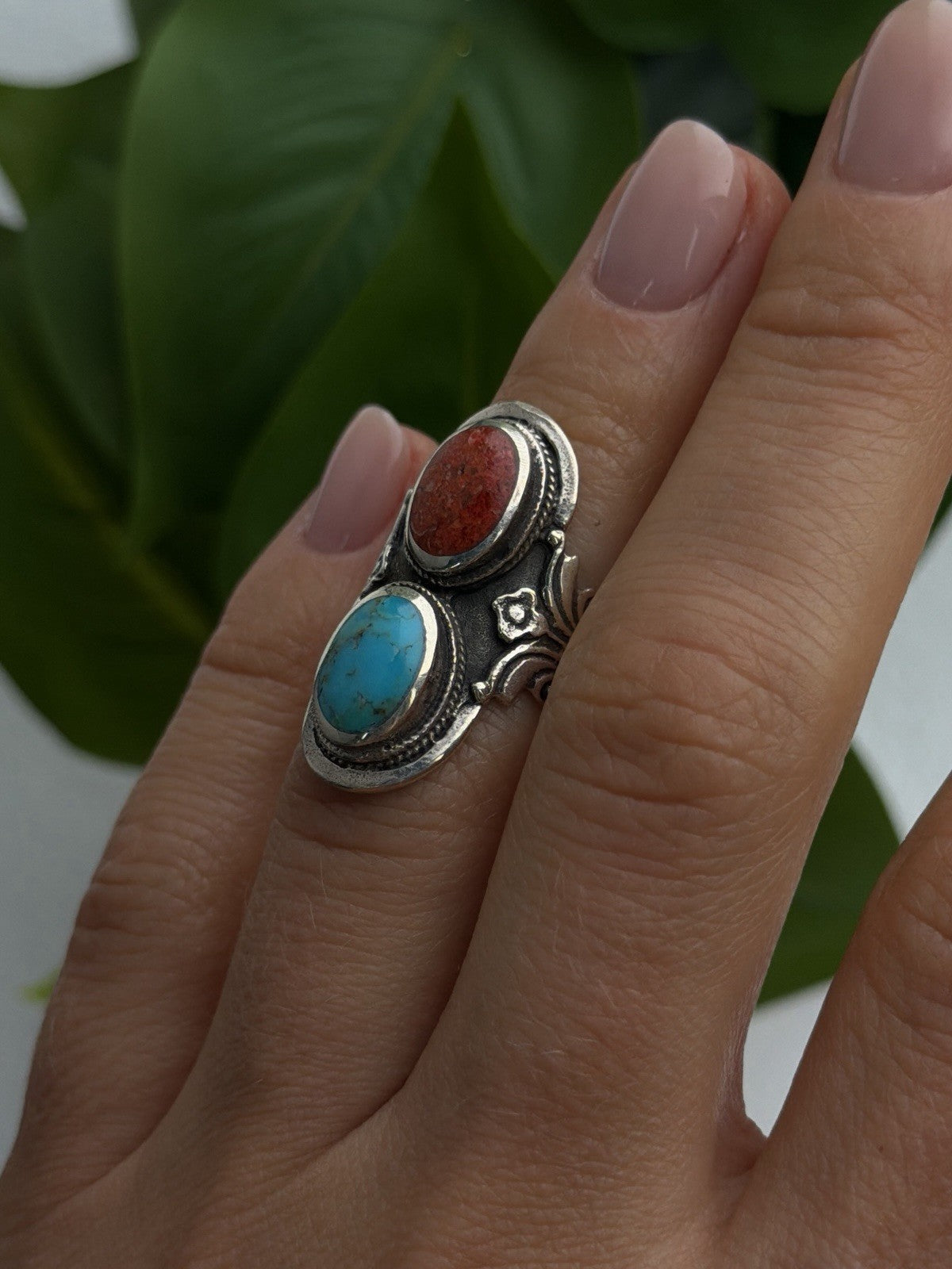 Vintage Boho 925 Sterling Silver Coral & Turquoise Ring Size 5