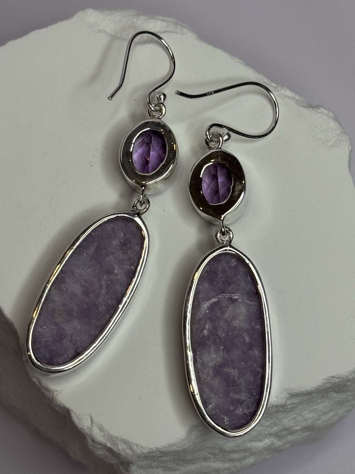 925 Sterling Silver Lepidolite & Amethyst Earrings Length 2.5 Inch