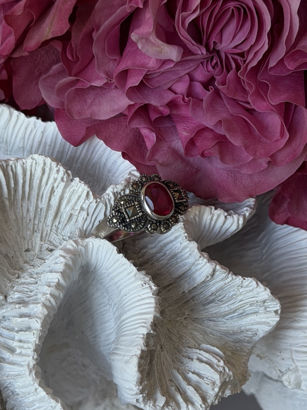 925 Sterling Silver Ruby & Marcasite Ring Size 8