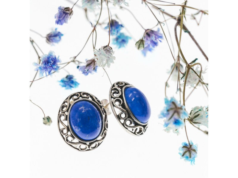 Vintage 925 Sterling Silver Blue Agate Stud Earrings