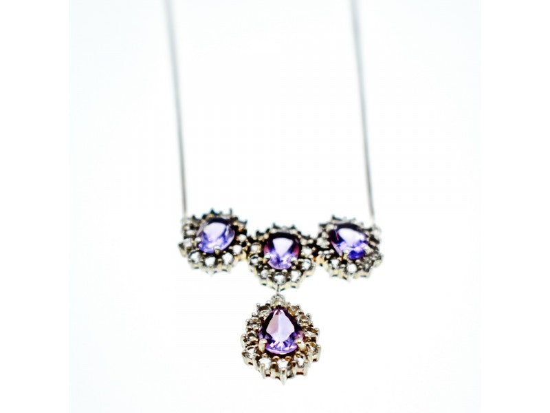 925 Sterling Silver Purple Tourmaline & Colorless Spinel Necklace Italy