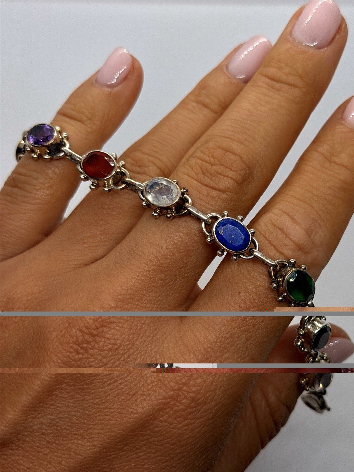 Vintage 925 Sterling Silver Multi-Gemstone Oval Link Bracelet Size 7