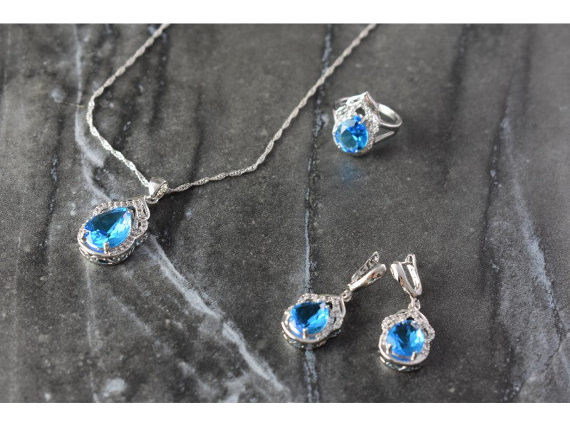 925 Sterling Silver Blue CZ ( Imitation Topaz ) SET