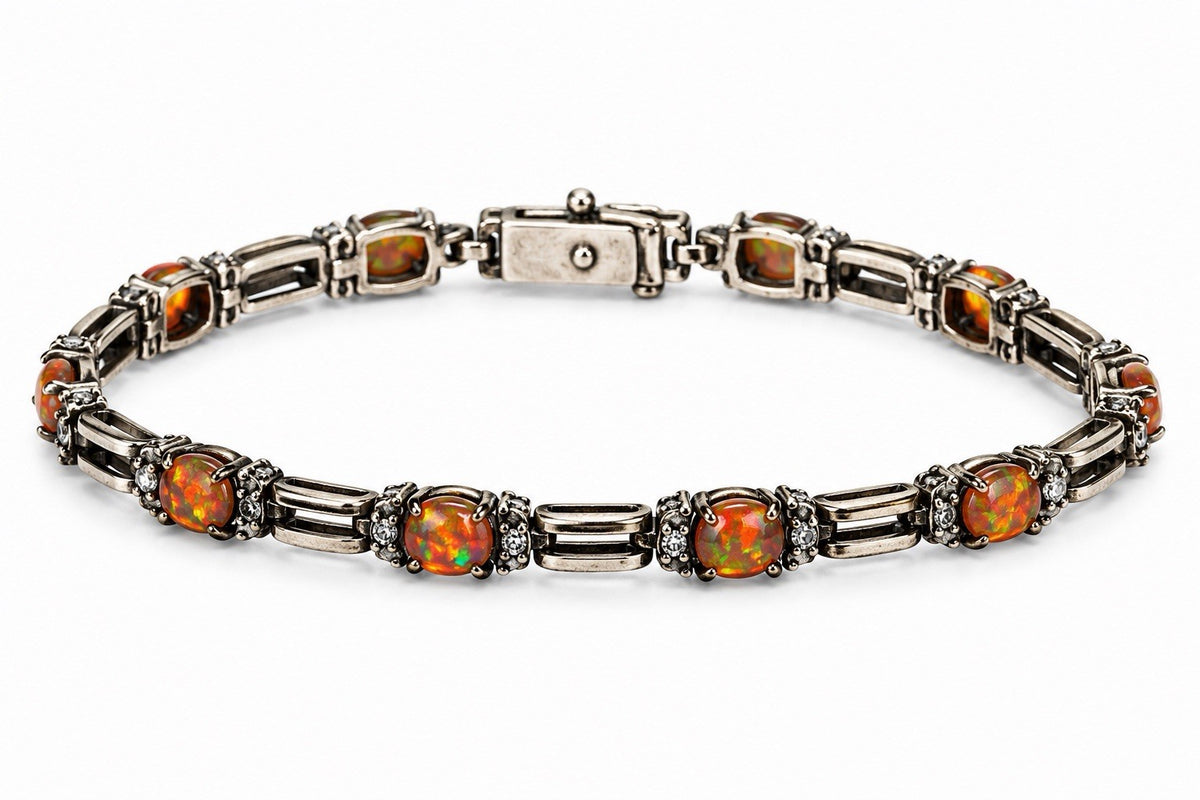 925 Sterling Silver Fire Opal & White Topaz Tennis Bracelet Size 7.5