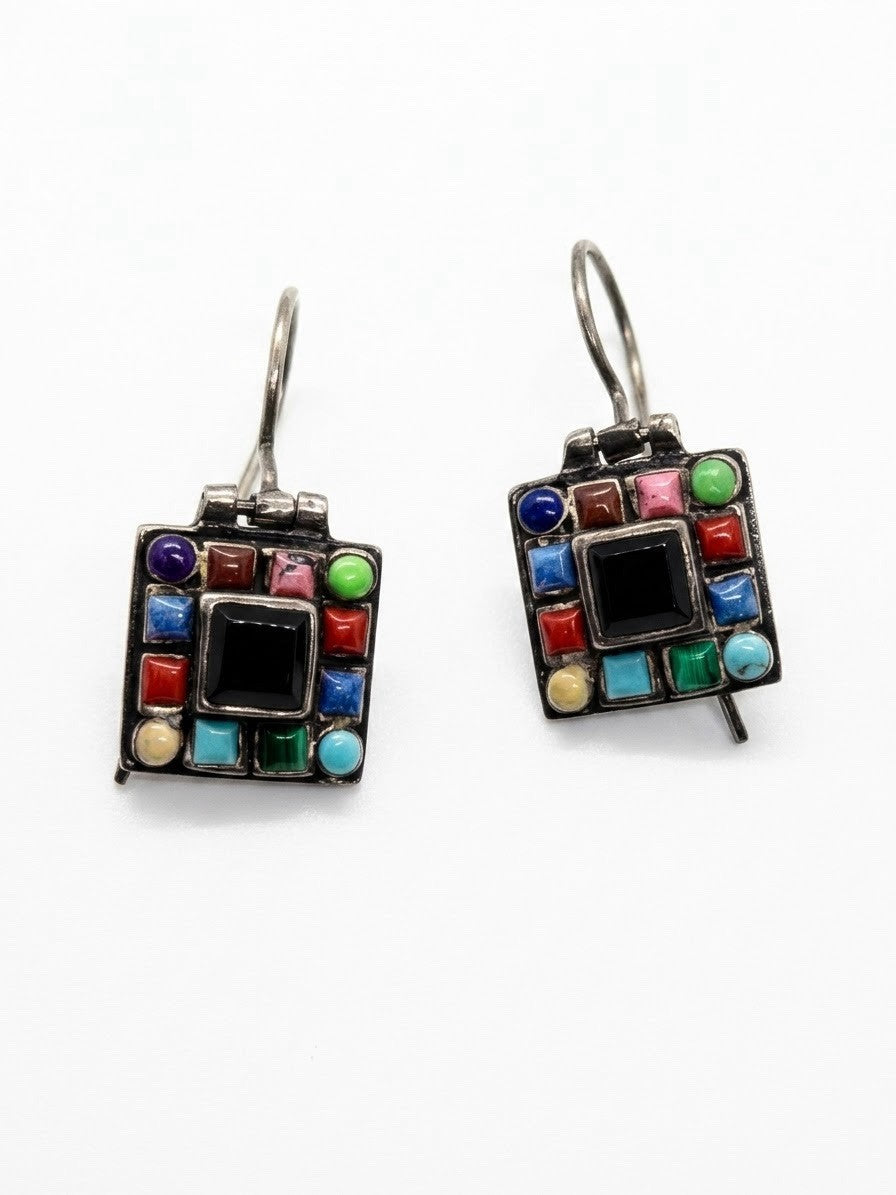 925 Sterling Silver Multi-Stone Mosaic Earrings Colorful Agate & Black Onyx
