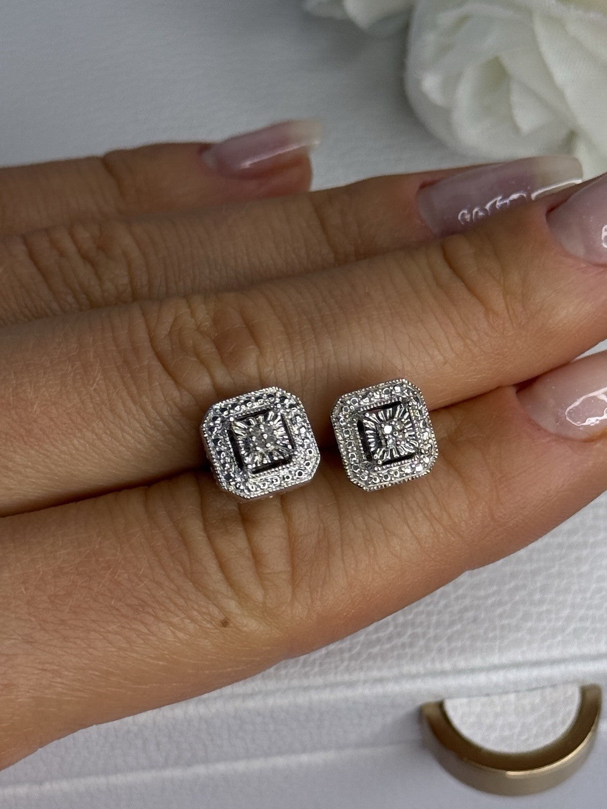 925 Sterling Silver Diamonds Stud Earrings Length 0.37 Inch