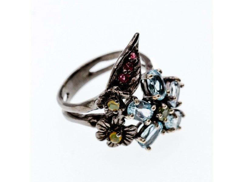 925 Blackened Silver Topaz, Garnet, Peridot & Opal Ring Size 8