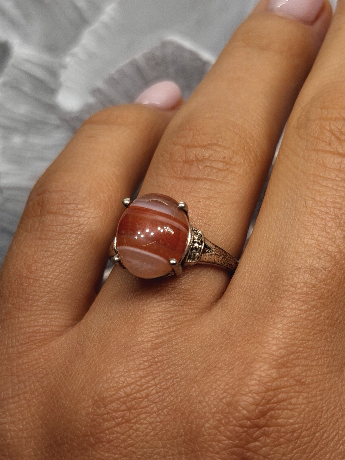 925 Sterling Silver Carnelian & Marcasites Ring Size 7