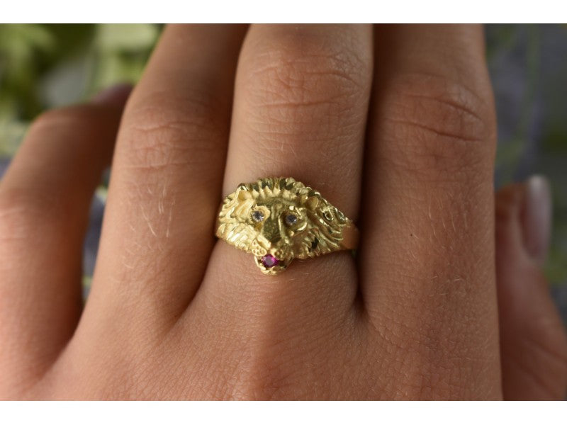 14K Yellow Gold Ruby & Quartz "Lion" Ring Size 8.5