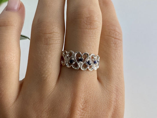 925 Sterling Silver Sapphires "Hearts" Ring Size 9.5
